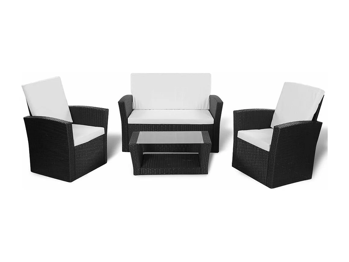 4-tlg. Garten-Sitzgruppe: Sofa + Tisch | Garten-Lounge-Set mit Kissen Poly Rattan Schwarz -GKD671816