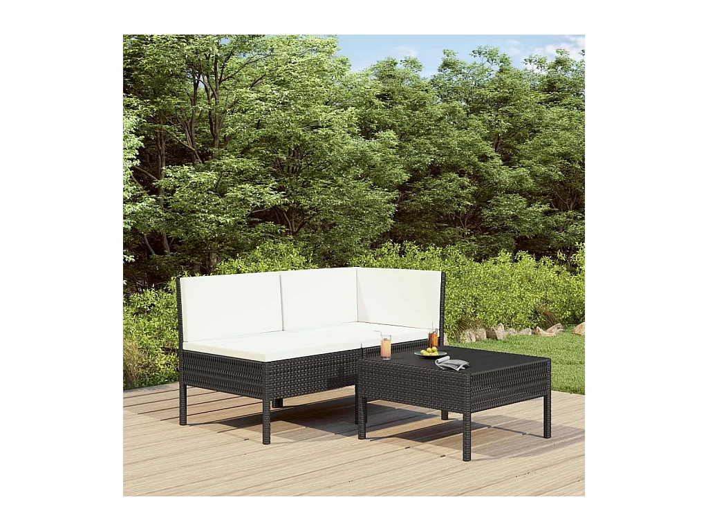 Salon de jardin 3 pcs avec coussins Résine tressée Noir BE49279