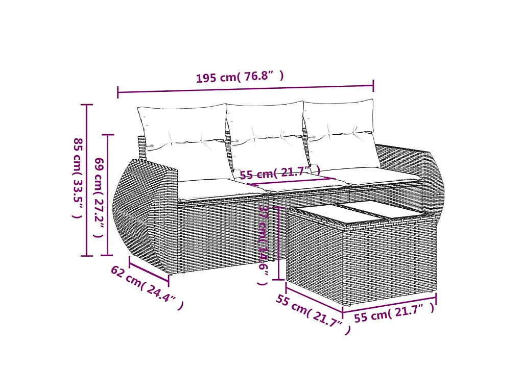 4-delige Loungeset met kussens poly rattan grijs NL78713