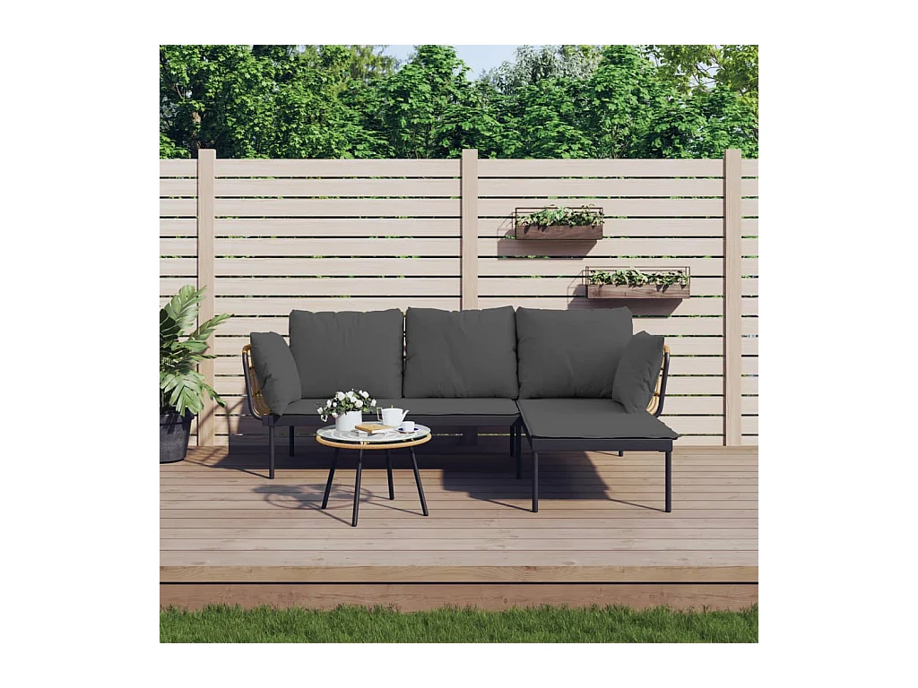 Salon de jardin 3 pcs avec coussins gris foncé résine tressée BE92111