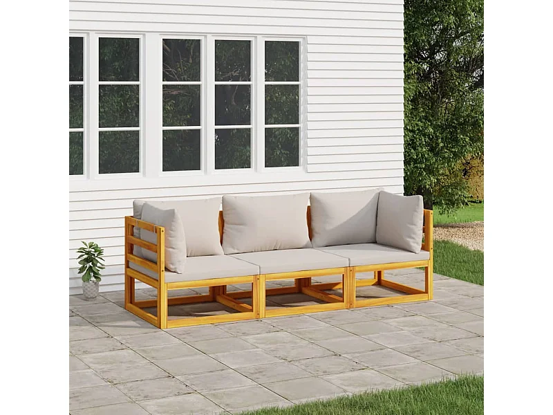 Salon de jardin 3 pcs avec coussins gris clair bois massif BE81852