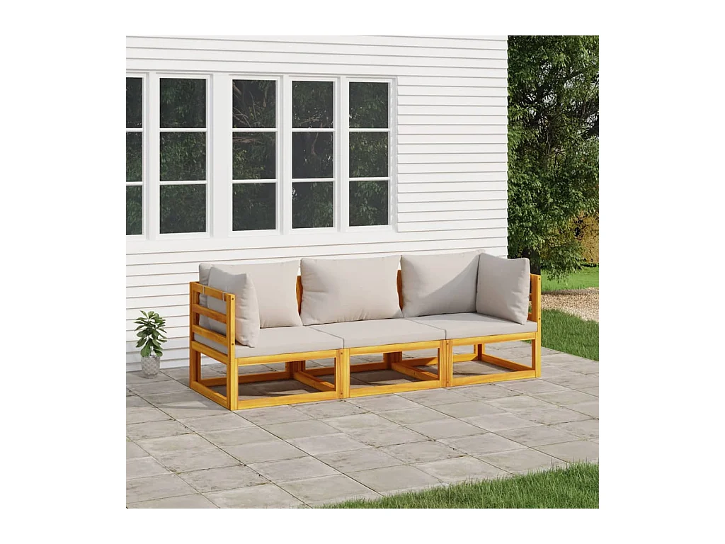 Salon de jardin 3 pcs avec coussins gris clair bois massif BE81852