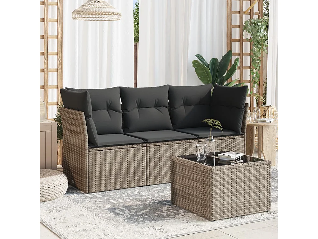 4 pcs conjunto sofás de jardim c/ almofadões vime PE cinzento PT643665
