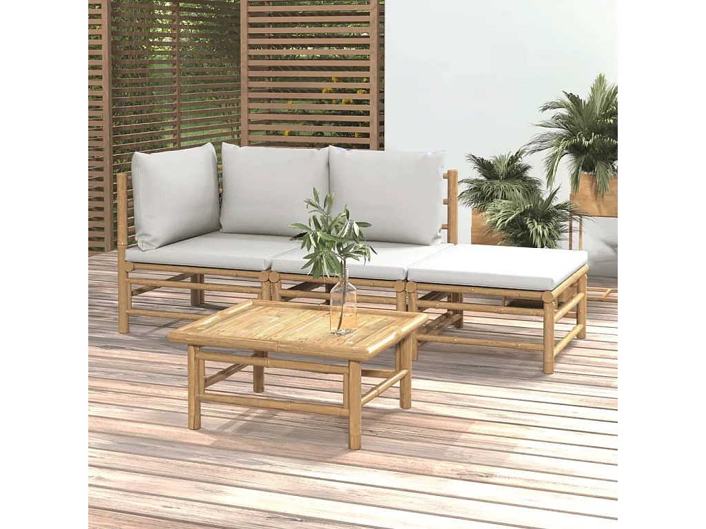 Salon de jardin 4 pcs avec coussins gris clair bambou BE93195
