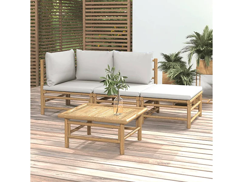 Salon de jardin 4 pcs avec coussins gris clair bambou BE93195