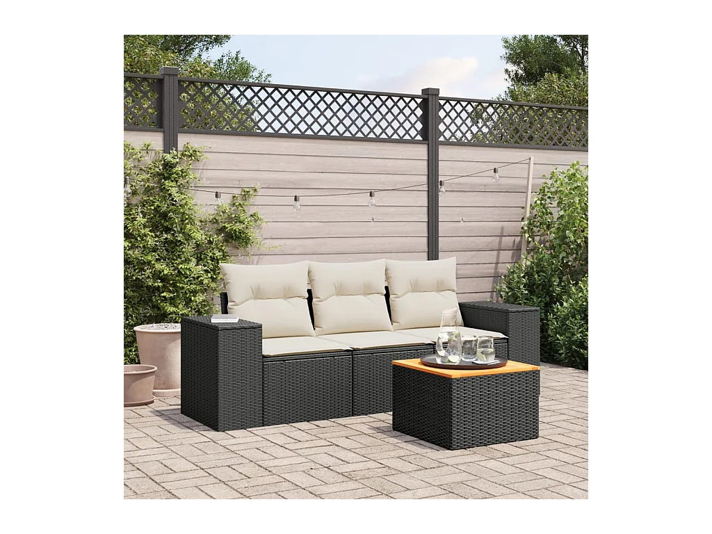 Salon de jardin 4 pcs avec coussins noir résine tressée BE26383