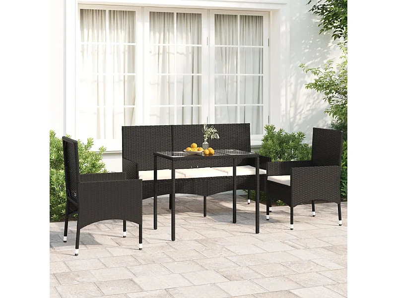 4-tlg. Garten-Sitzgruppe: Sofa + Tisch | Garten-Lounge-Set mit Kissen Schwarz Poly Rattan -GKD574046