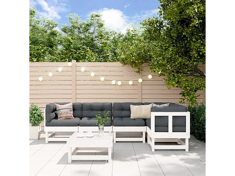 6-tlg. Garten-Sitzgruppe: Sofa + Tisch | Garten-Lounge-Set Weiß Massivholz Kiefer -GKD969164