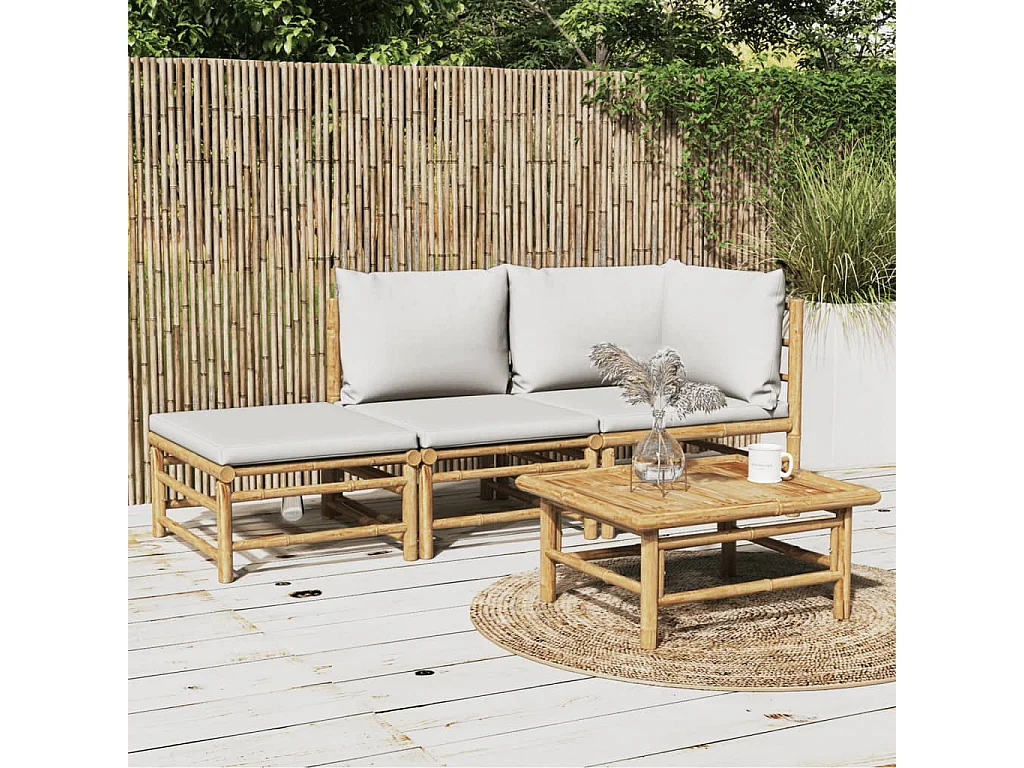 3-tlg. Garten-Sitzgruppe: Sofa + Tisch | Garten-Lounge-Set mit Hellgrauen Kissen Bambus -GKD555865