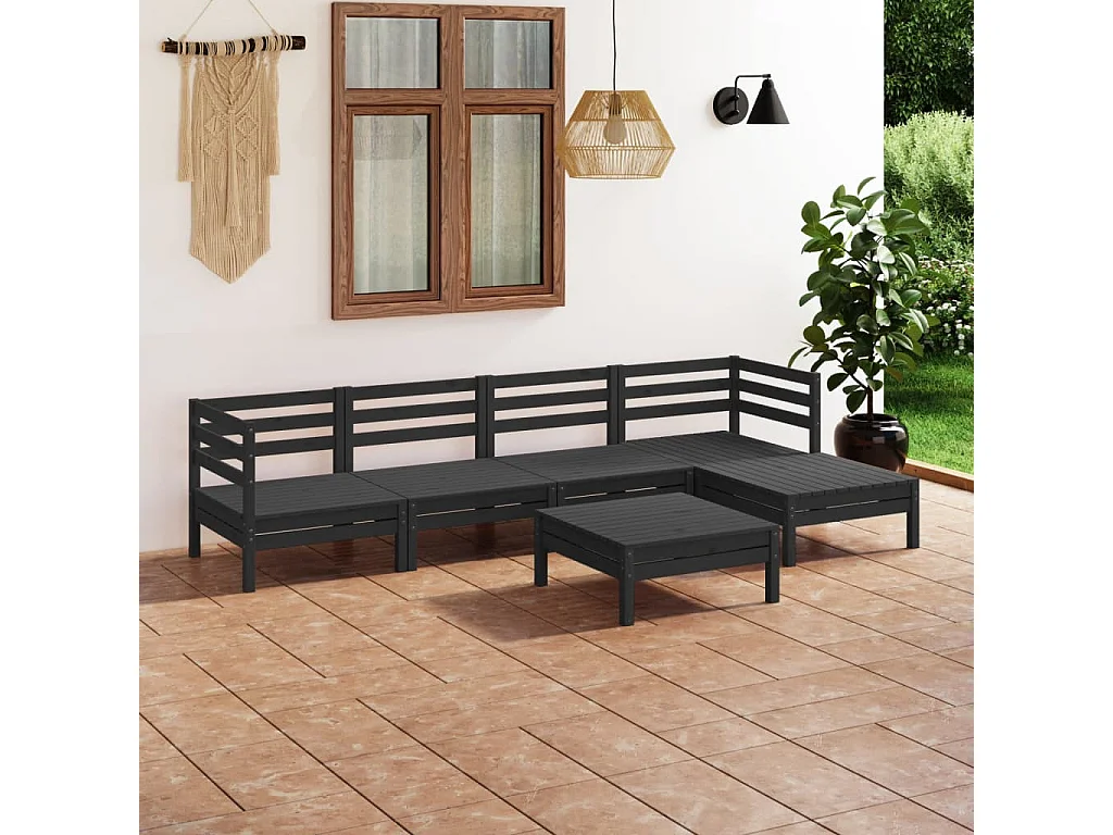 6 pzas Salón de jardín madera de pino maciza negro ES42623