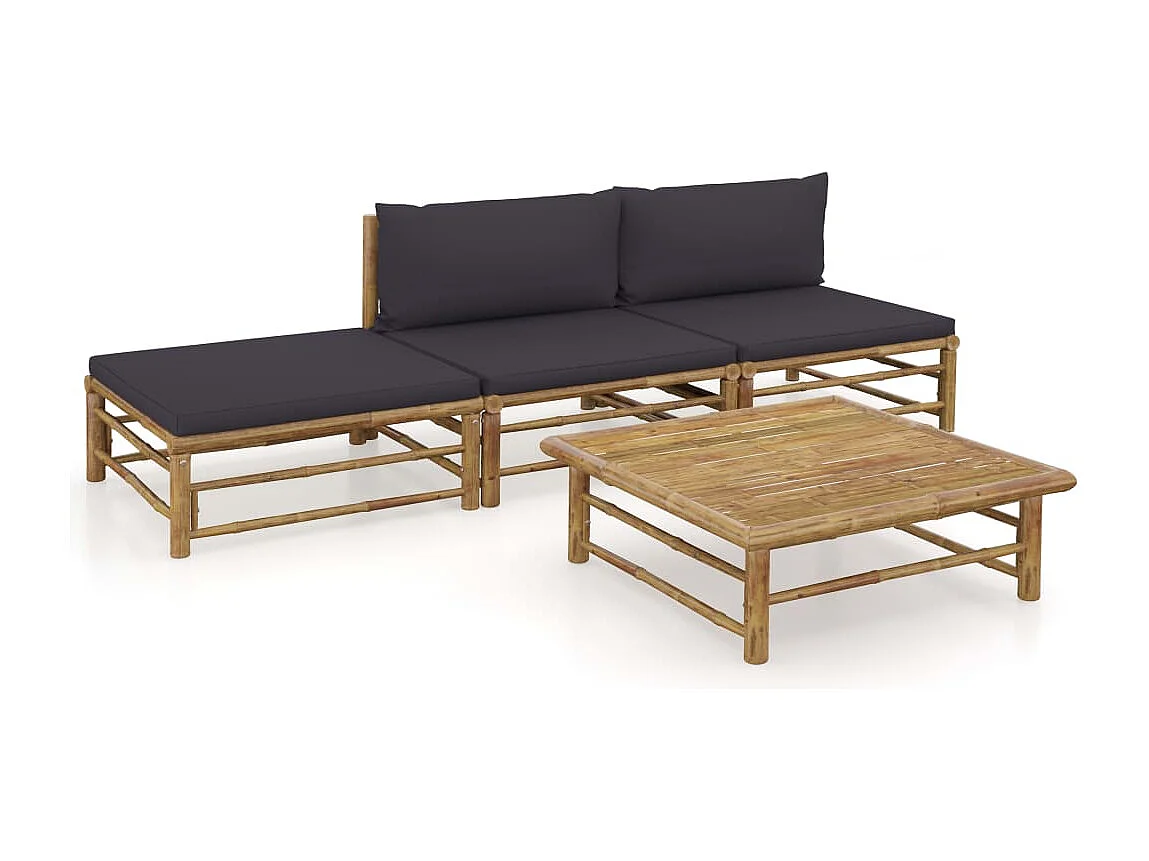 Salon de jardin 4 pcs avec coussins gris foncé Bambou BE58573