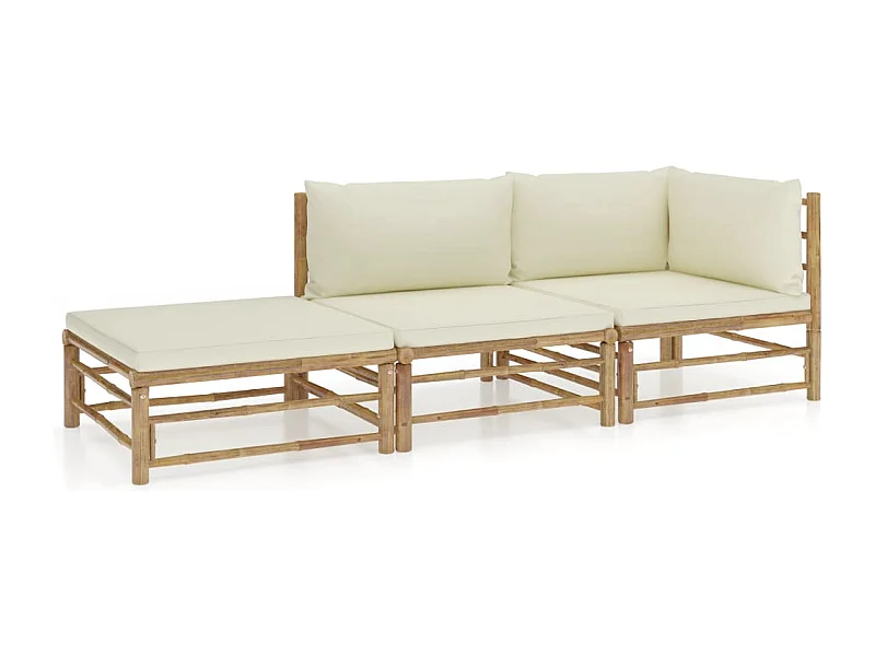 Salon de jardin 3 pcs avec coussins blanc crème Bambou BE98243