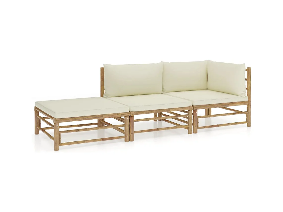 Salon de jardin 3 pcs avec coussins blanc crème Bambou BE98243