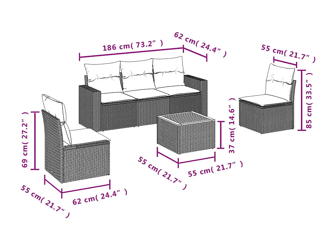 6-tlg. Garten-Sofagarnitur,Gartenmöbel-Set mit Kissen Schwarz Poly Rattan -gkd777650