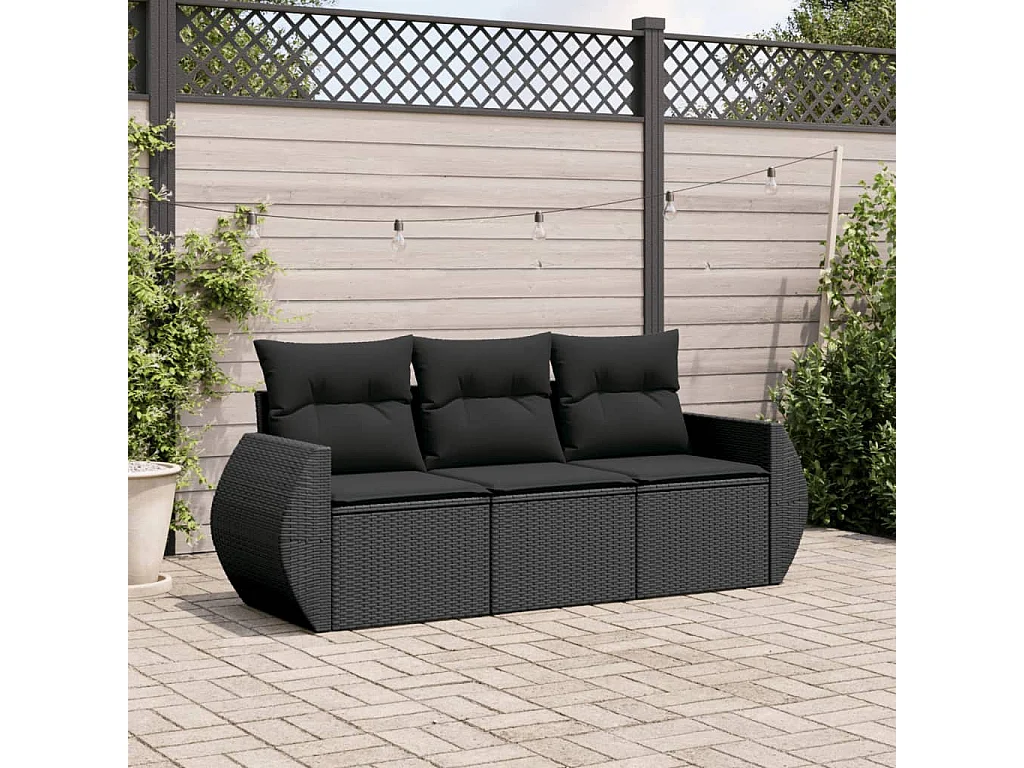 Salon de jardin 3 pcs avec coussins noir résine tressée BE77760