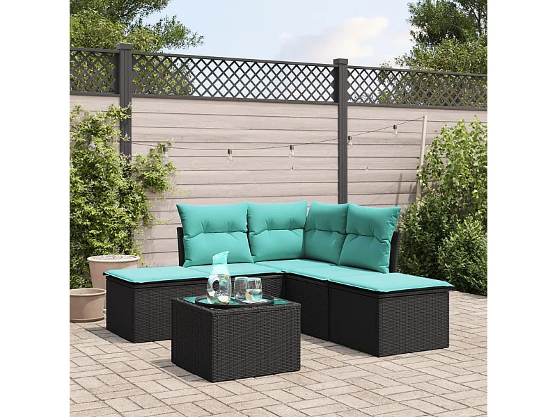 6-tlg. Garten-Sofagarnitur,Gartenmöbel-Set mit Kissen Schwarz Poly Rattan -gkd577397