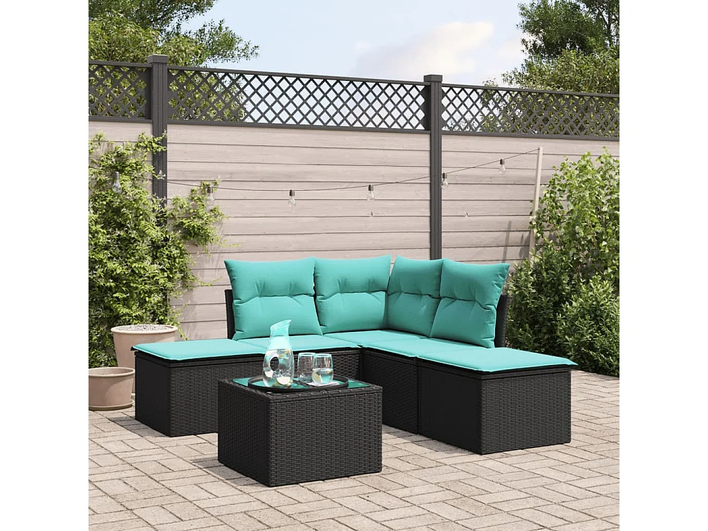 6-tlg. Garten-Sofagarnitur,Gartenmöbel-Set mit Kissen Schwarz Poly Rattan -gkd577397