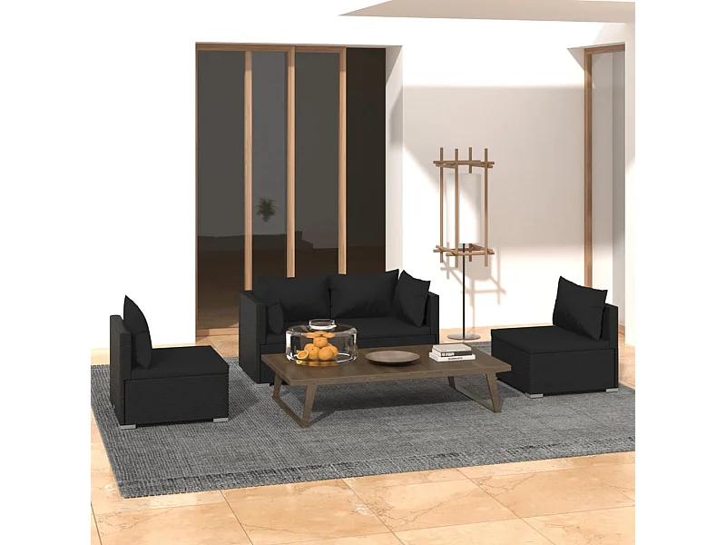 4 pcs conjunto lounge de jardim c/ almofadões vime PE preto PT38829