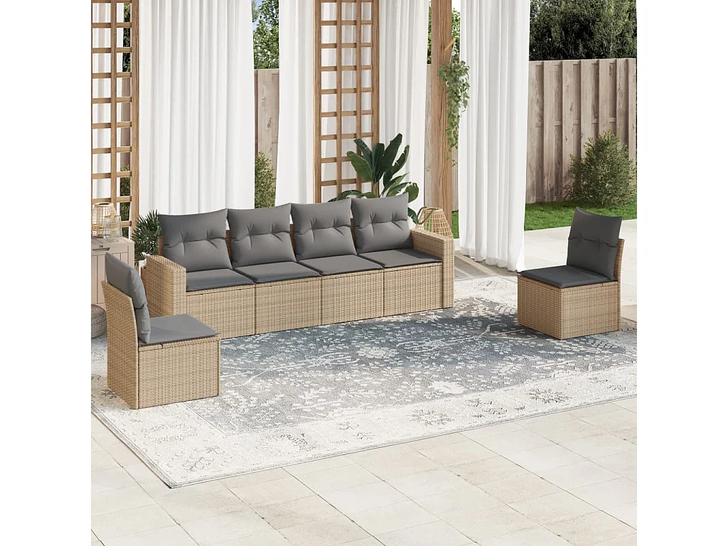 6-tlg. Garten-Sofagarnitur,Gartenmöbel-Set mit Kissen Beige Poly Rattan -gkd503394