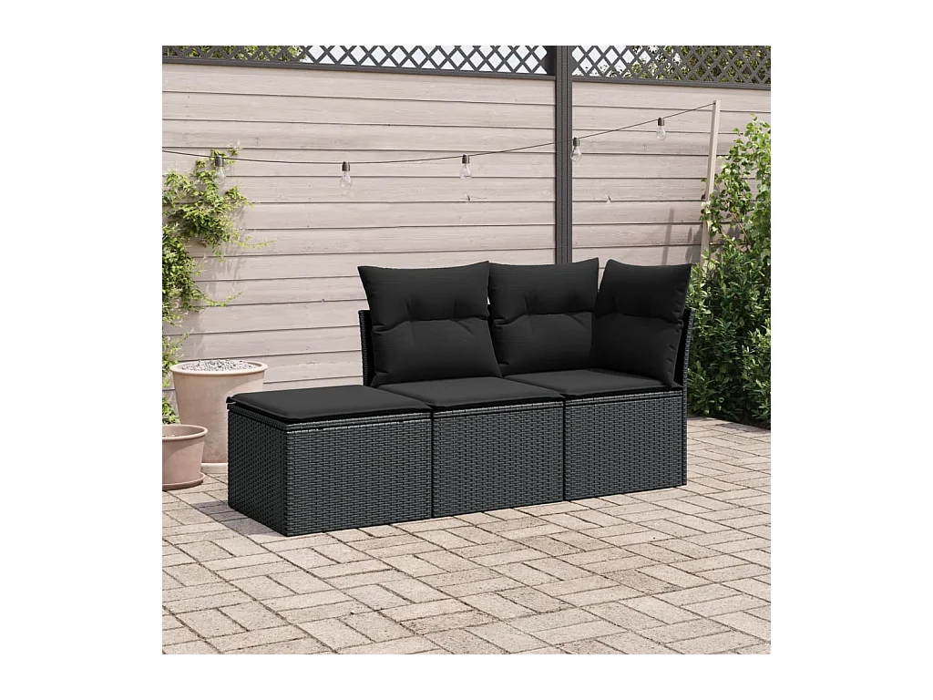 Salon de jardin 3 pcs avec coussins noir résine tressée BE62841