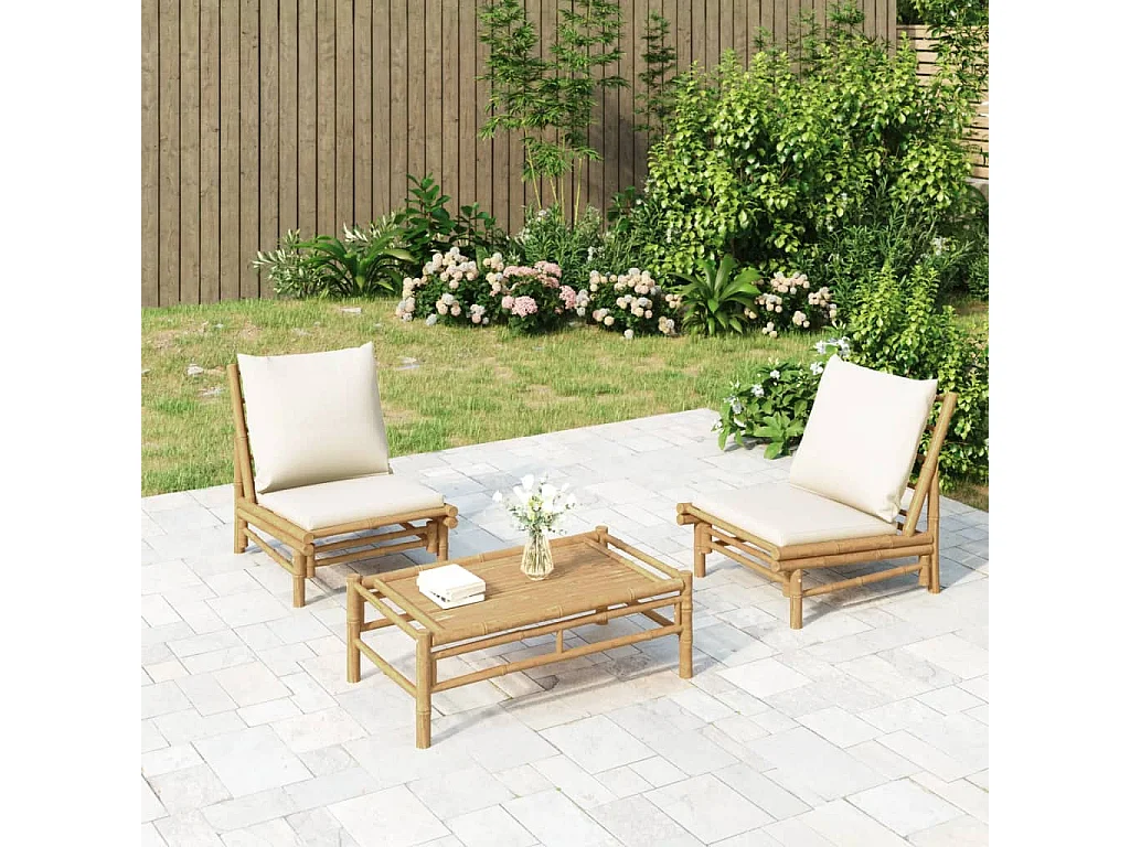 3 pcs conjunto lounge de jardim bambu c/ almofadões branco nata PT36842