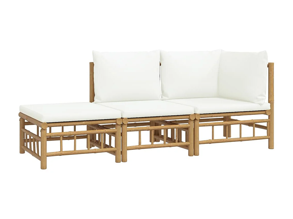 Salon de jardin 3 pcs avec coussins blanc crème bambou BE79271