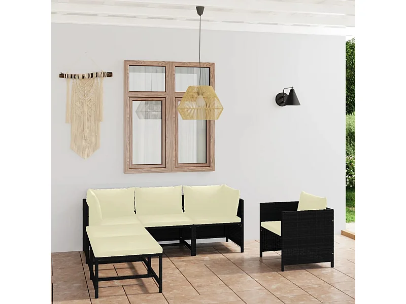 6-tlg. Garten-Sitzgruppe: Sofa + Tisch | Garten-Lounge-Set mit Kissen Poly Rattan Schwarz -GKD690800