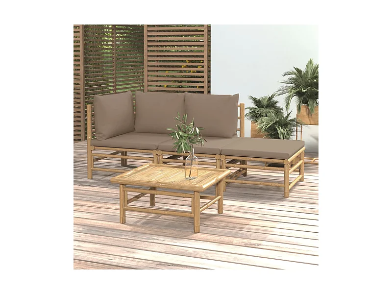 4-tlg. Garten-Sitzgruppe: Sofa + Tisch | Garten-Lounge-Set mit Taupe Kissen Bambus -GKD680926