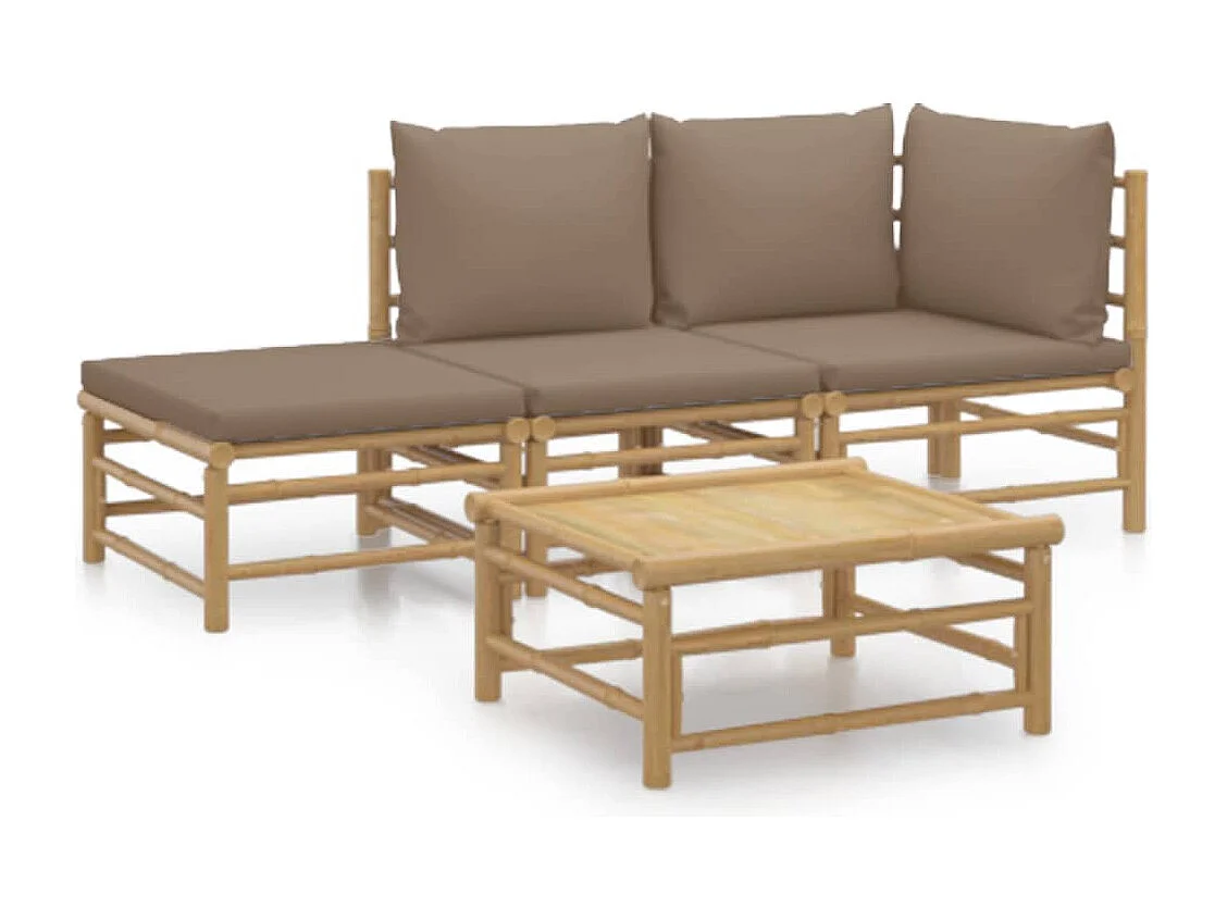 4-tlg. Garten-Sitzgruppe: Sofa + Tisch | Garten-Lounge-Set mit Taupe Kissen Bambus -GKD680926
