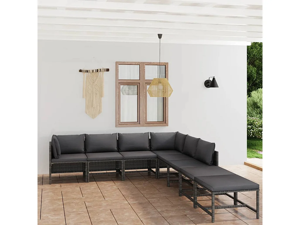 8 pcs conjunto lounge de jardim c/ almofadões vime PE cinzento PT83171