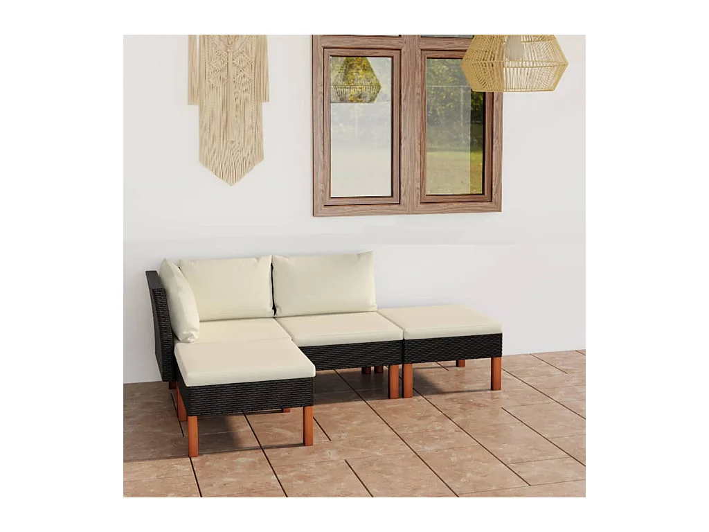 Salon de jardin 4 pcs avec coussins Résine tressée Noir BE50915