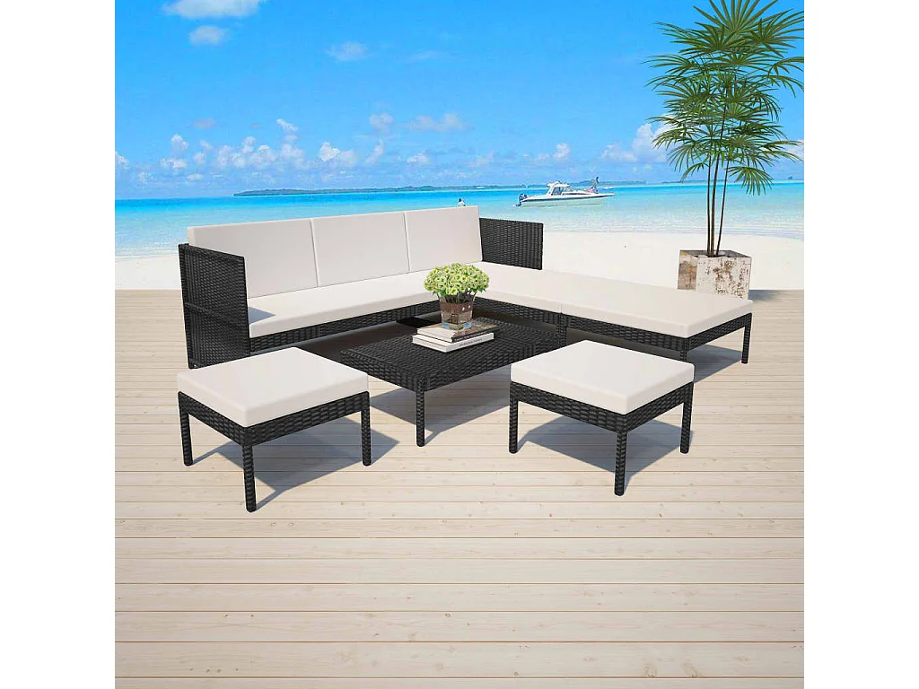 6-tlg. Garten-Sitzgruppe: Sofa + Tisch | Garten-Lounge-Set mit Auflagen Poly Rattan Schwarz -GKD795357