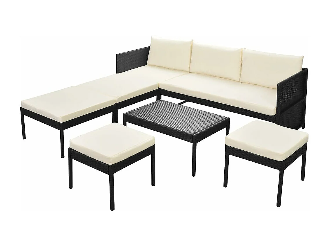 6-tlg. Garten-Sitzgruppe: Sofa + Tisch | Garten-Lounge-Set mit Auflagen Poly Rattan Schwarz -GKD795357