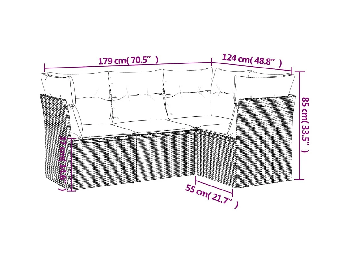 Salon de jardin 4 pcs avec coussins noir résine tressée BE91156