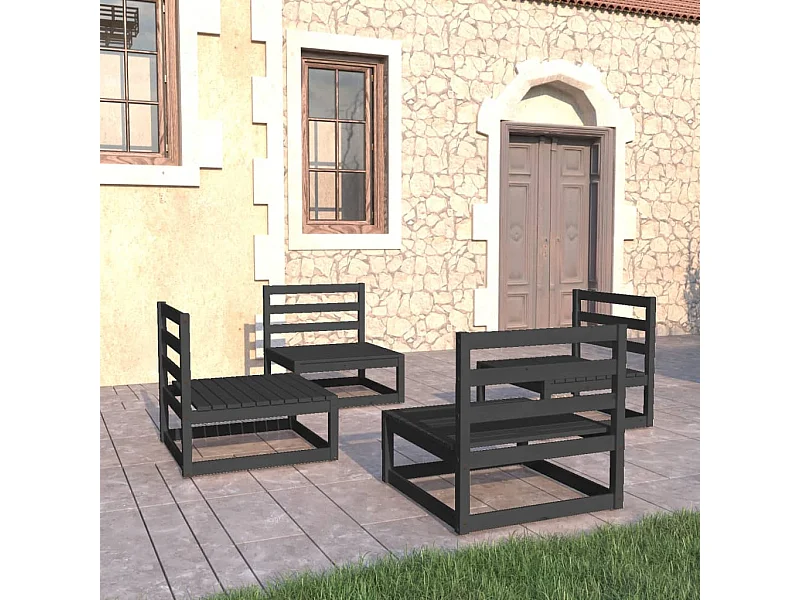 4-tlg. Garten-Sitzgruppe | Garten-Lounge-Set Schwarz Massivholz Kiefer -GKD760381