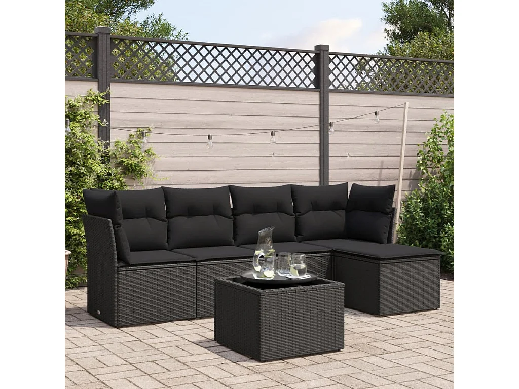 6-tlg. Garten-Sofagarnitur,Gartenmöbel-Set mit Kissen Schwarz Poly Rattan -gkd682491