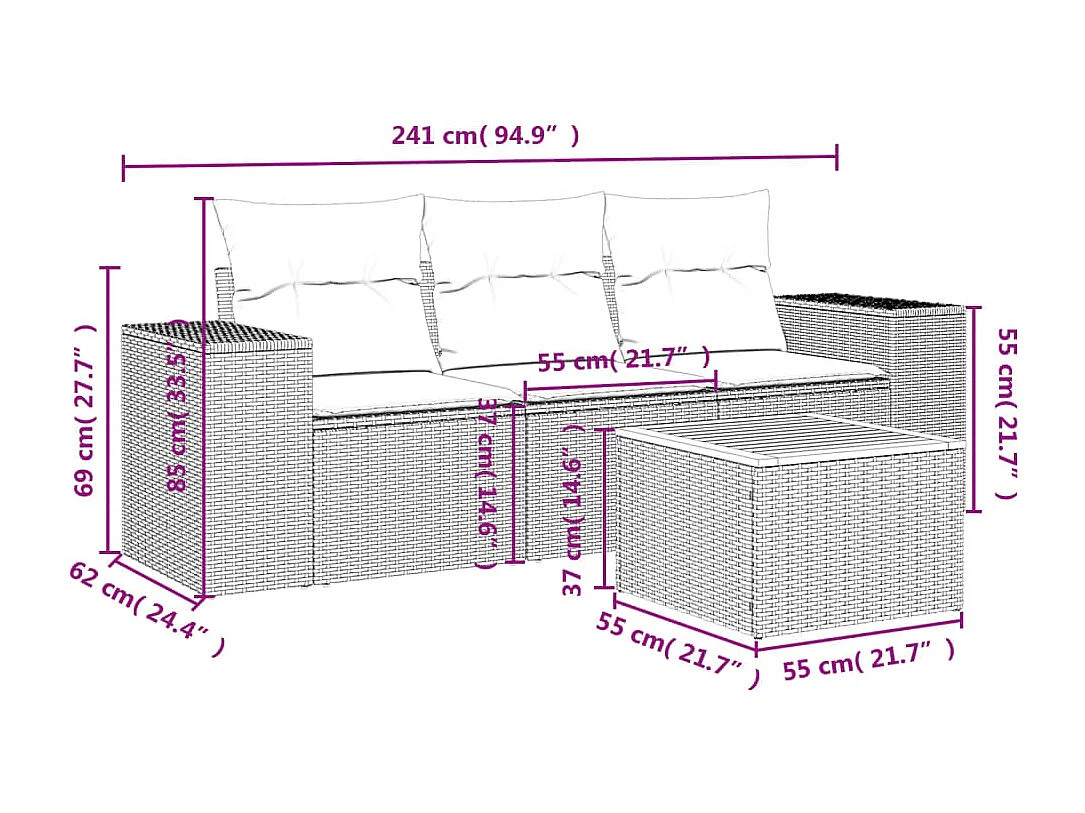4-delige Loungeset met kussens poly rattan zwart NL85902