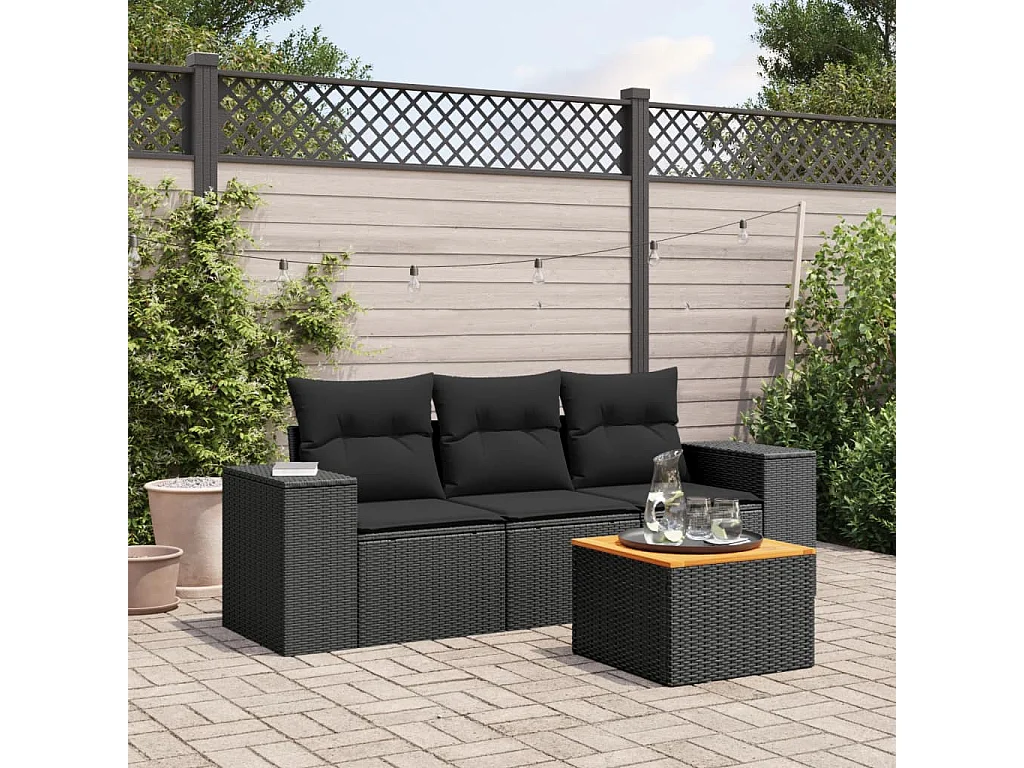Salon de jardin 4 pcs avec coussins noir résine tressée BE99431