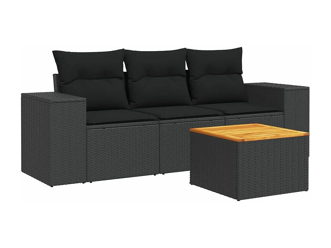 Salon de jardin 4 pcs avec coussins noir résine tressée BE99431