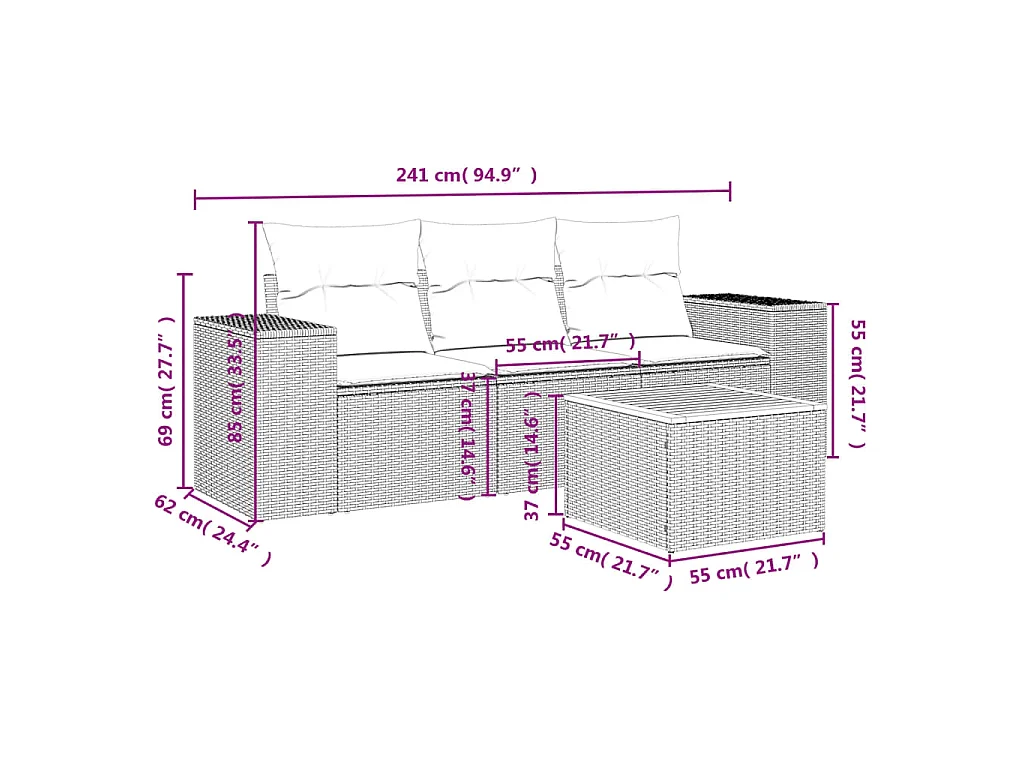 4-delige Loungeset met kussens poly rattan zwart NL85902