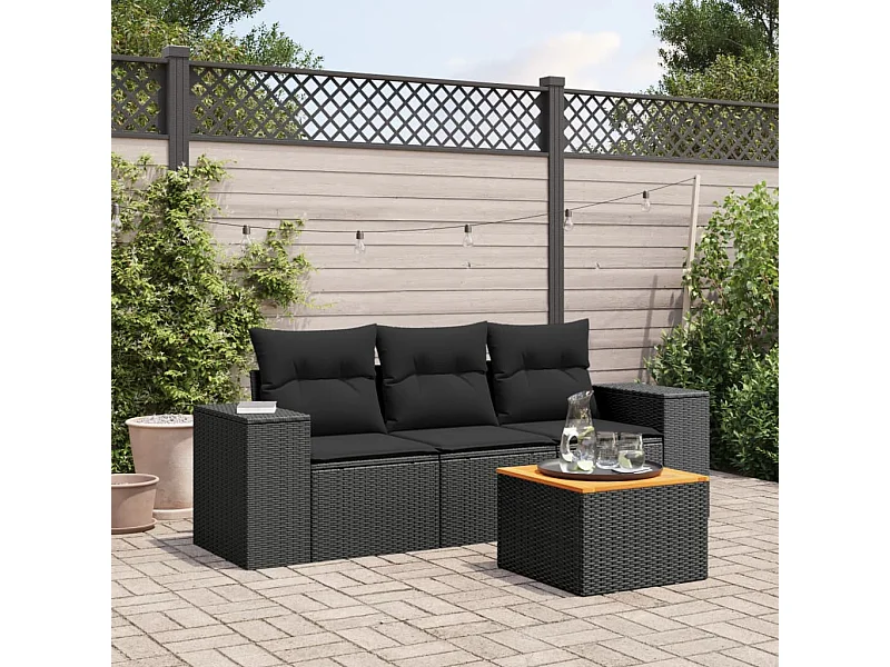 Salon de jardin 4 pcs avec coussins noir résine tressée BE99431