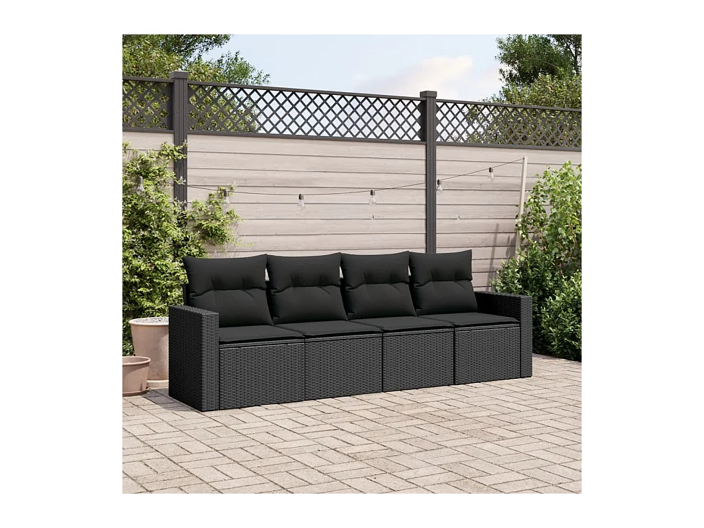 Salon de jardin 4 pcs avec coussins noir résine tressée BE62429