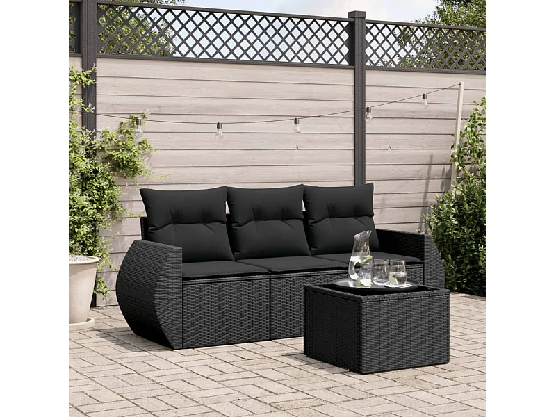 4-tlg. Garten-Sofagarnitur,Gartenmöbel-Set mit Kissen Schwarz Poly Rattan -gkd585264