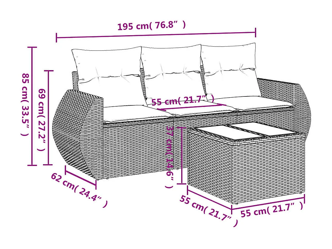 Salon de jardin 4 pcs avec coussins noir résine tressée BE32993