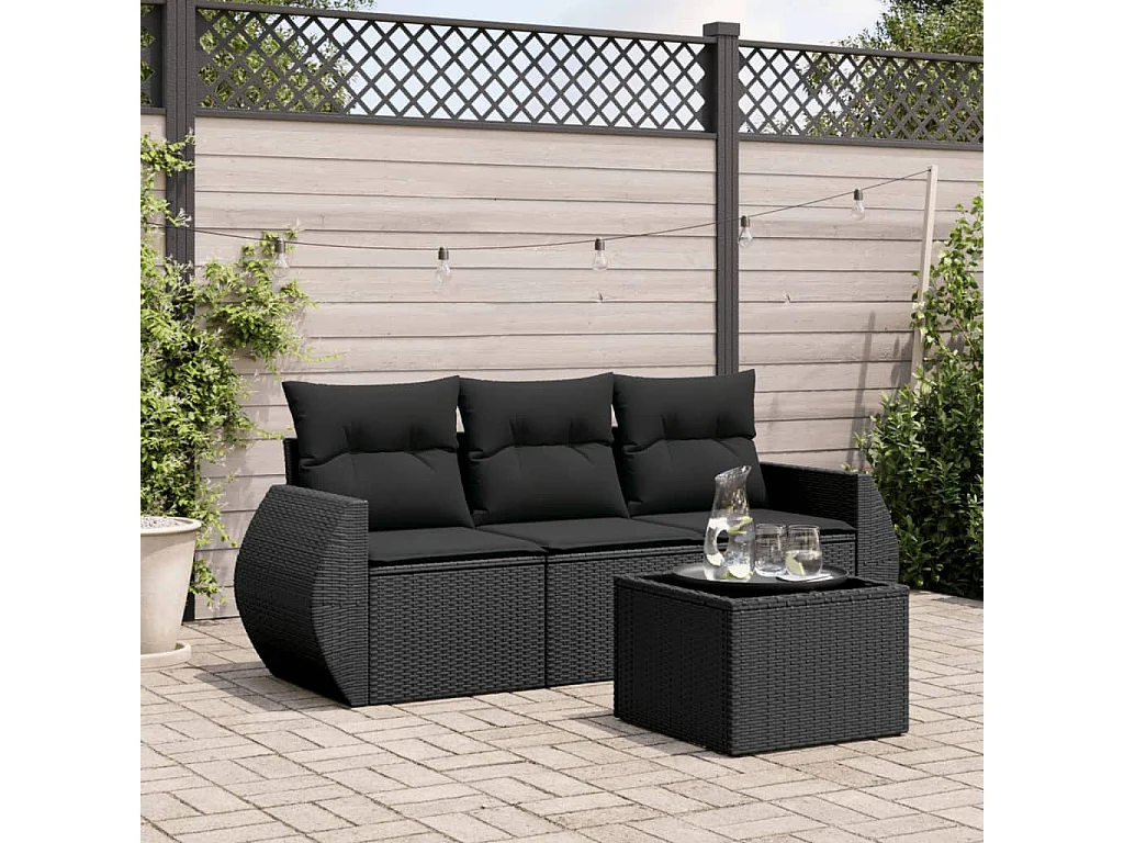 Salon de jardin 4 pcs avec coussins noir résine tressée BE32993