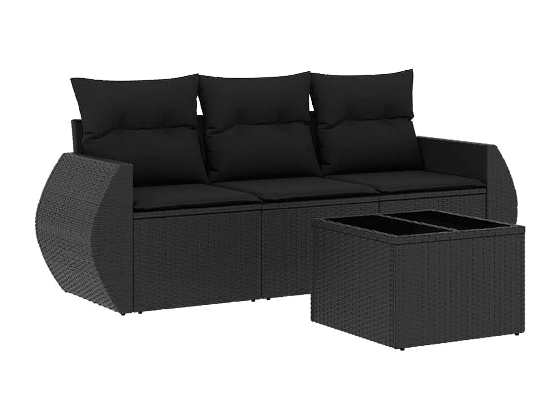 Salon de jardin 4 pcs avec coussins noir résine tressée BE32993