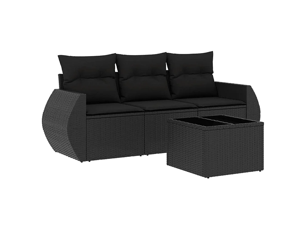Salon de jardin 4 pcs avec coussins noir résine tressée BE32993