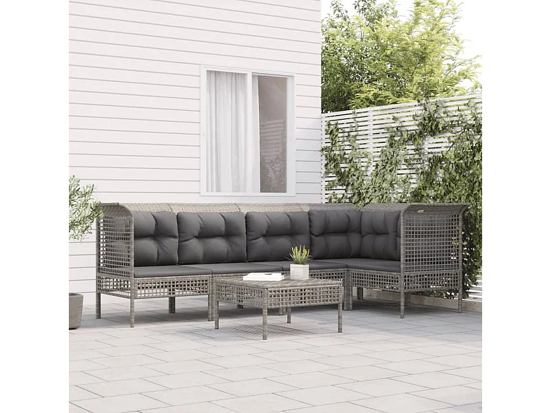 6-tlg. Garten-Sitzgruppe: Sofa + Tisch | Garten-Lounge-Set mit Kissen Grau Poly Rattan -GKD918213