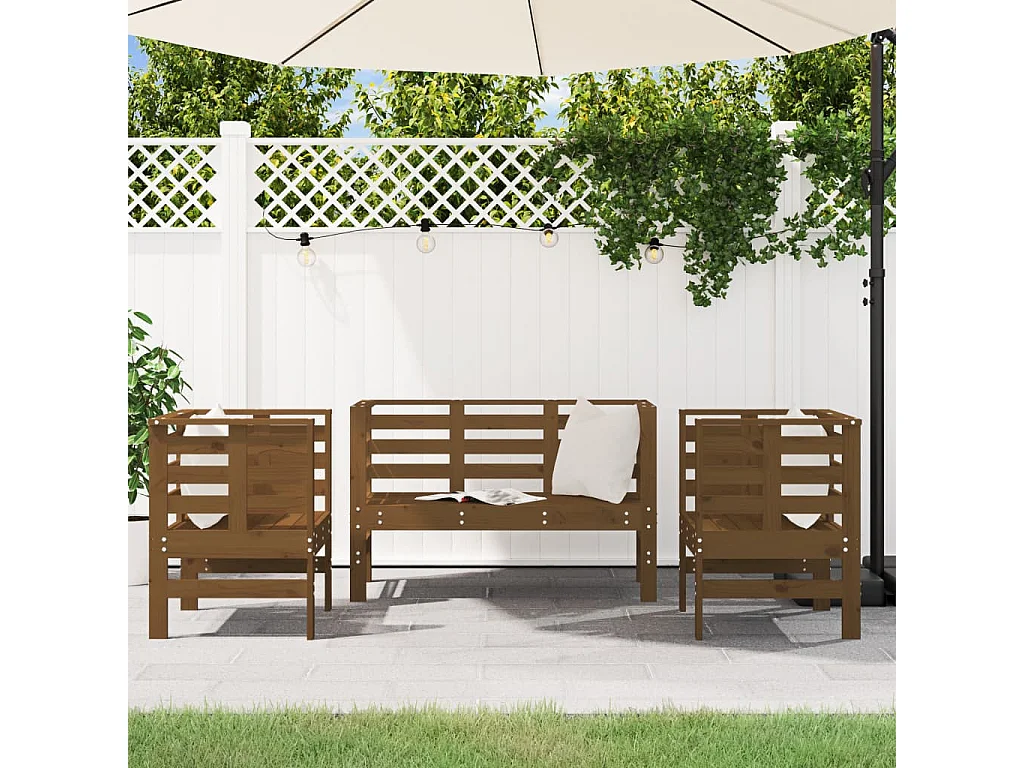 3-tlg. Garten-Sitzgruppe: Sofa + Tisch | Garten-Lounge-Set Honigbraun Massivholz Kiefer -GKD351575