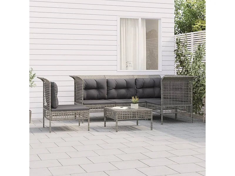 6-tlg. Garten-Sitzgruppe: Sofa + Tisch | Garten-Lounge-Set mit Kissen Grau Poly Rattan -GKD495164